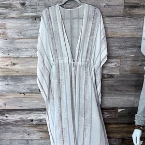 White Striped Print Drawstring Open Front Maxi Kimono💗